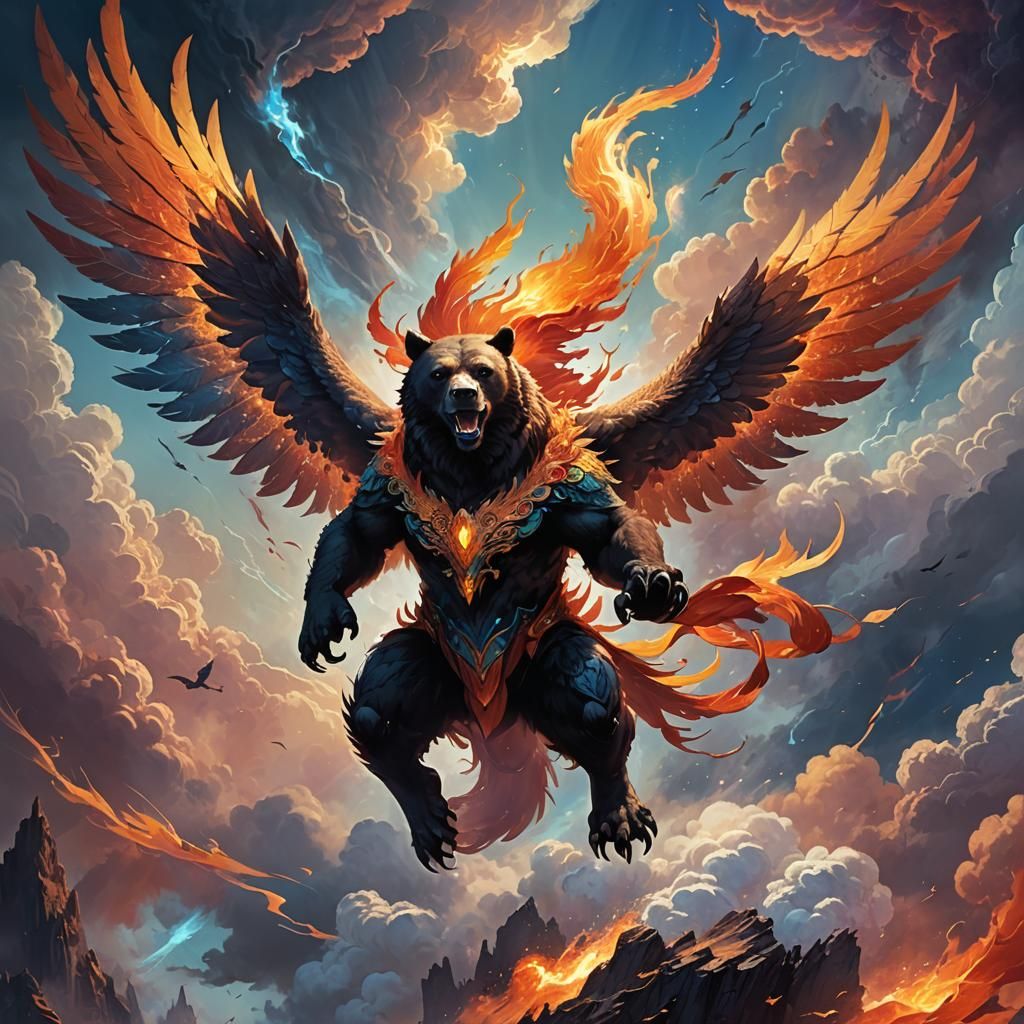 Flying Phoenix Bear Soaring Through Mystical Skies