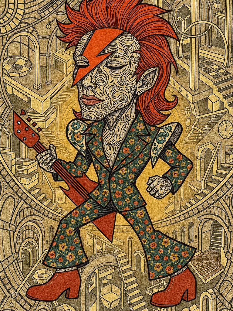 Glam Rock Star Caricature with Lightning Bolt and Floral Out...