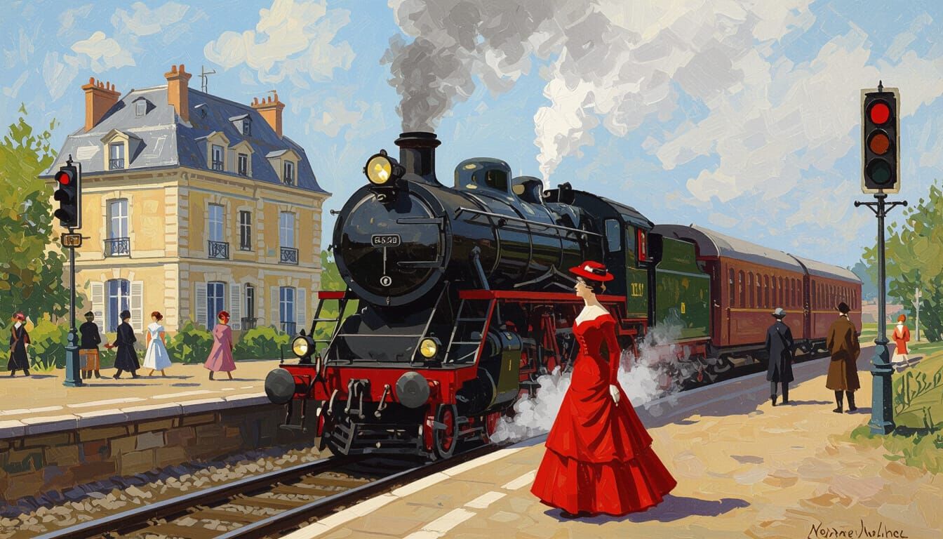 Impressionist Train Station with Vintage Steam Train