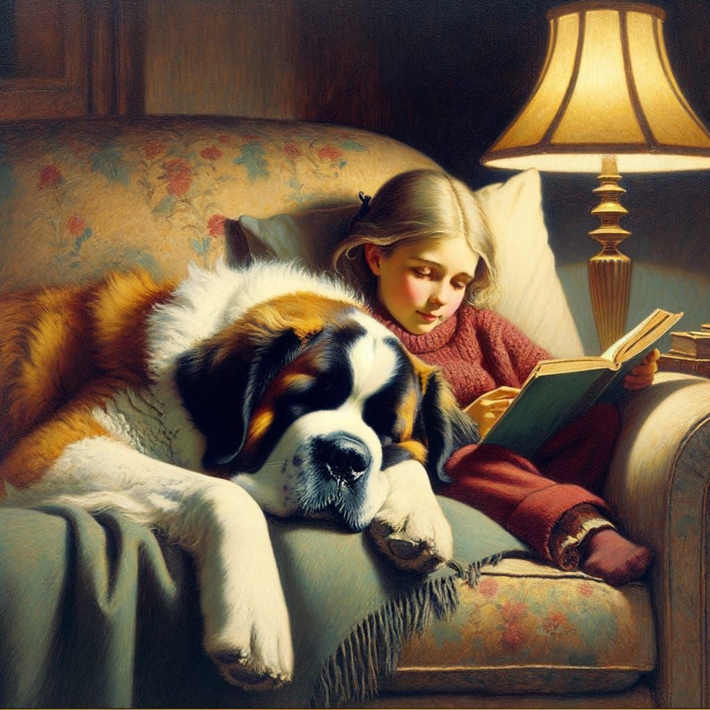Girl Reading with St. Bernard in Oil Painting Style