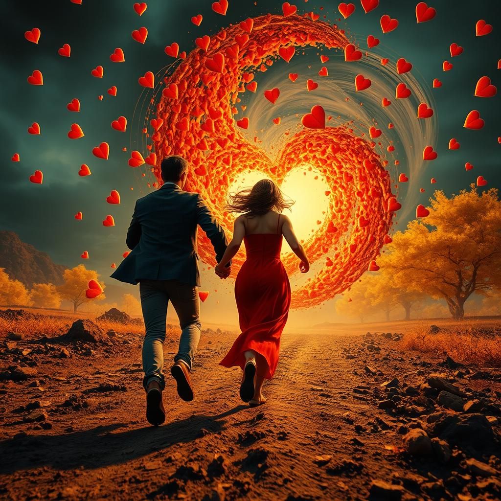 Romantic Couple Embracing Autumn Whirlwind in Hyperrealistic...