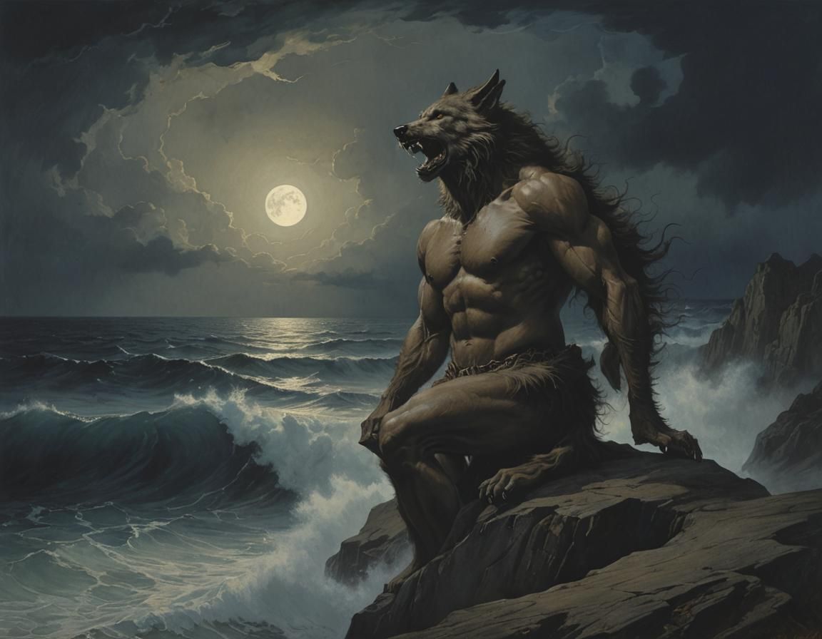 Werewolf Howling at Moon in Gouache Style