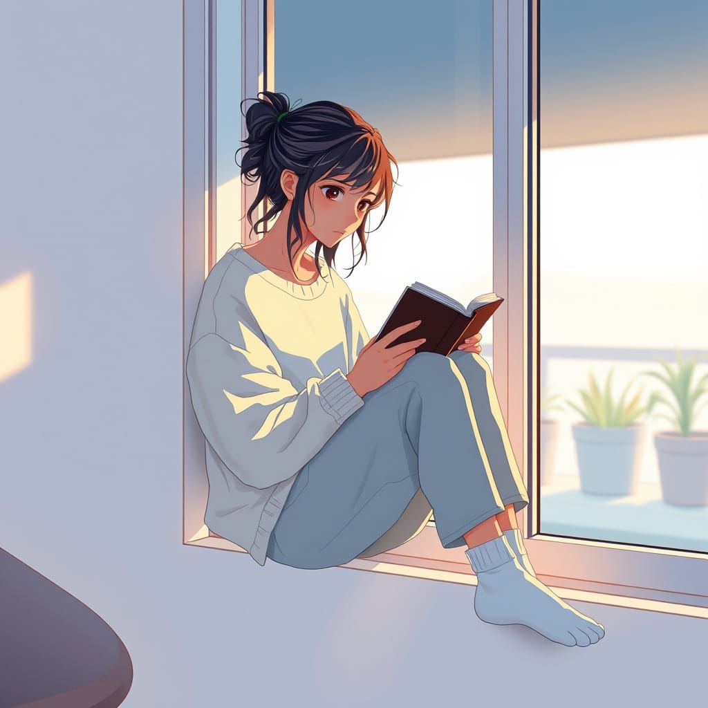 Serene Lofi Girl in Cozy Room with Cat, Window View