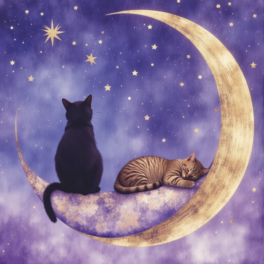 Cats on Moon and Star in Pastel Night Sky