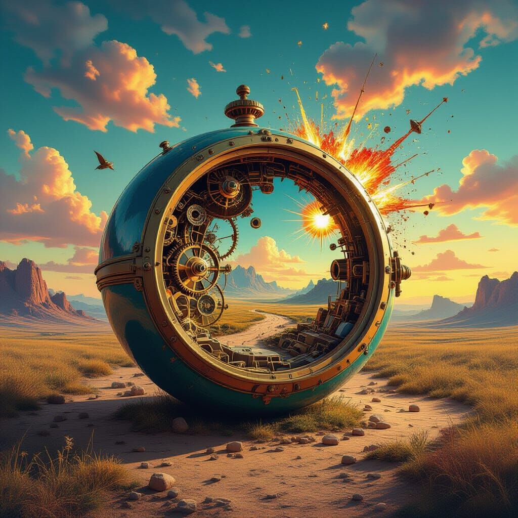 Surreal World with Inverted Objects and Dreamlike Sky