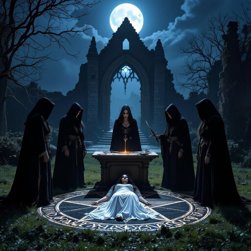Gothic Horror Cultists Perform Ritual Under Full Moon
