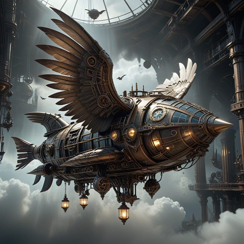 Steampunk Bird Airship Soaring Through Gear-Filled Sky