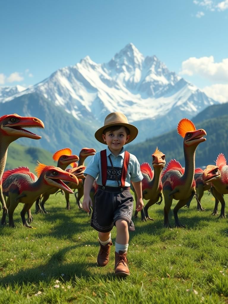 Swiss Boy Herding Velociraptors in the Alps, 3D Anime Art