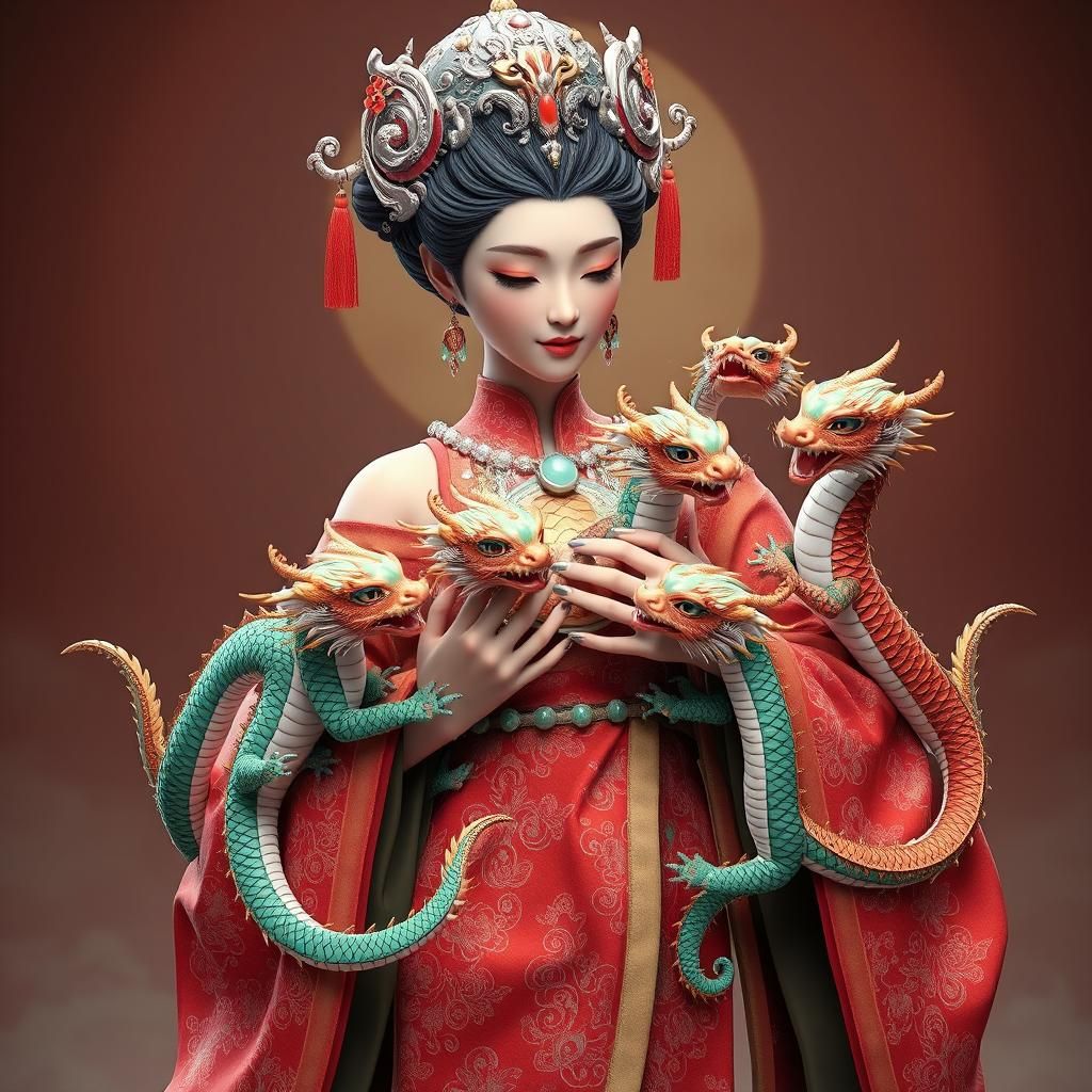 Chinese Goddess with Dragons: Anime-Inspired 3D Art