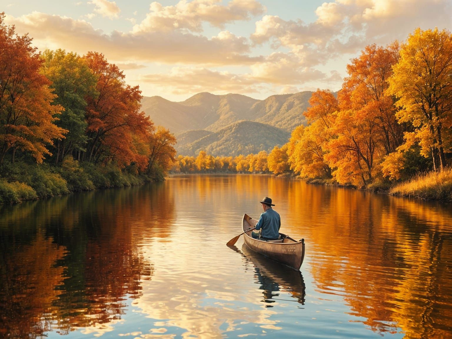 Autumn Sunset on the River in Impasto Oil Painting