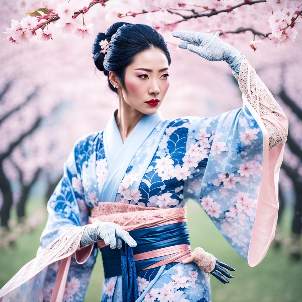 Glamorous Samurai Woman in Sakura Field, Anime Art