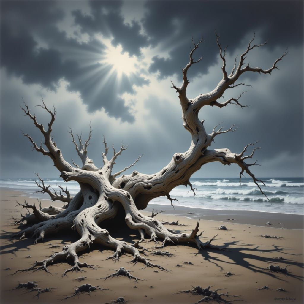 Ancient Driftwood on Stormy Beach in Cinematic Style