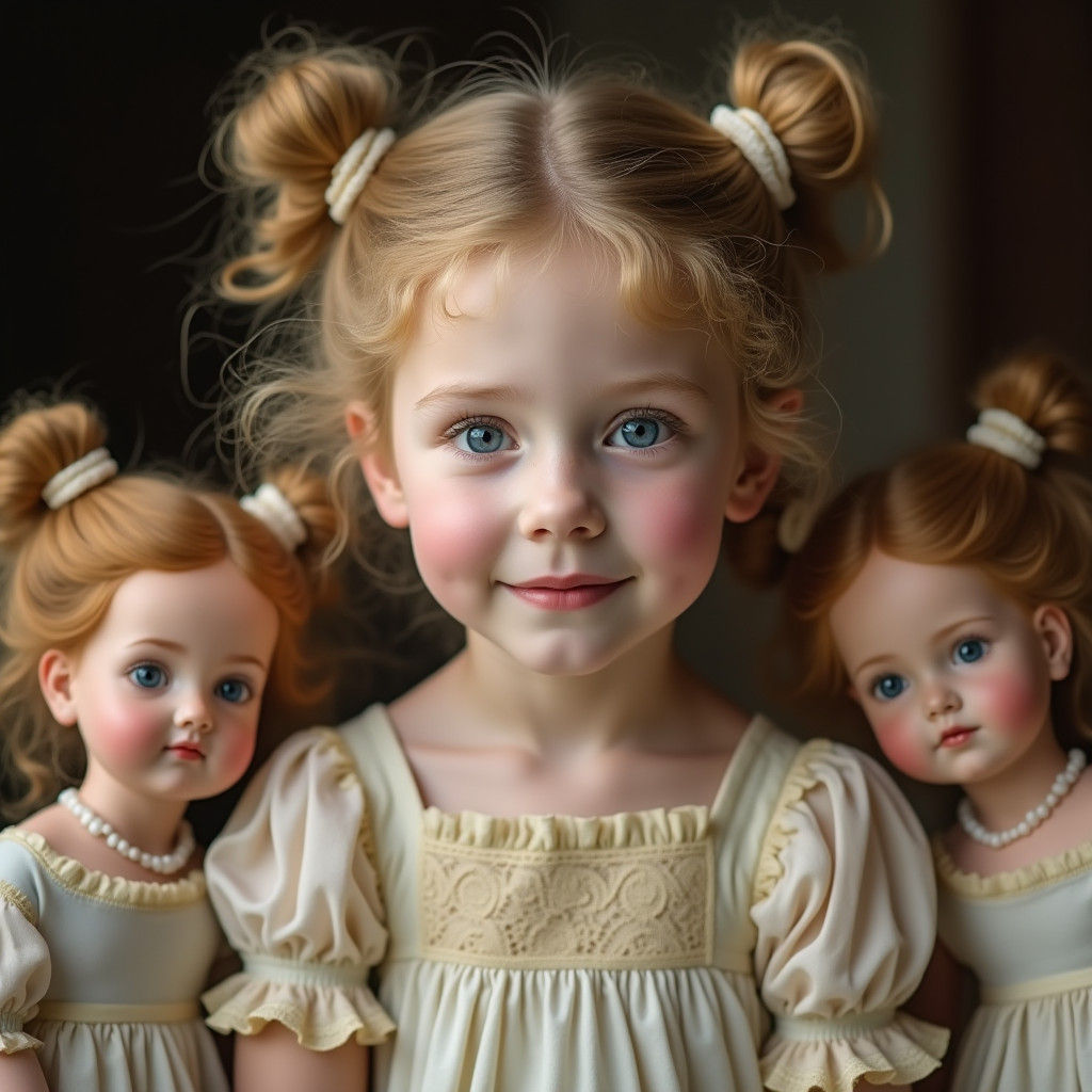 Young Girl Surrounded by Antique Porcelain Dolls in Elegant....