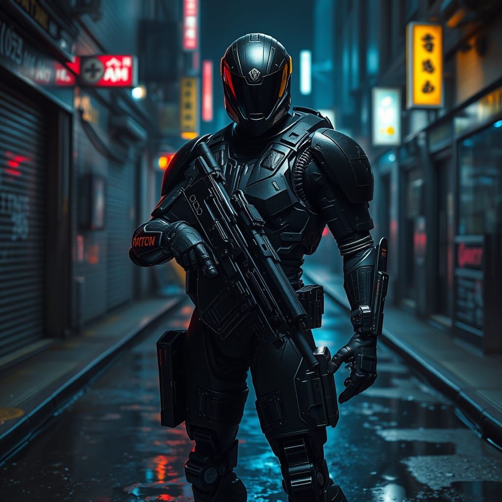 Cyborg Soldier Agent in Gritty Urban Alleyway