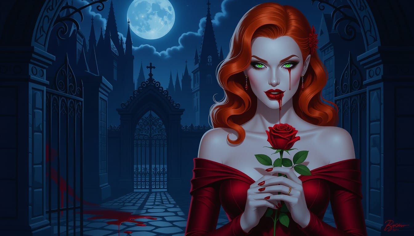 Gothic Vampire Woman with Emerald Eyes in Crimson Gown