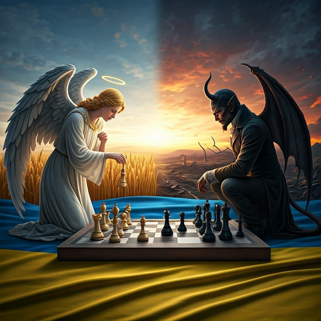Angel and Devil Play Chess on Ukraine Flag