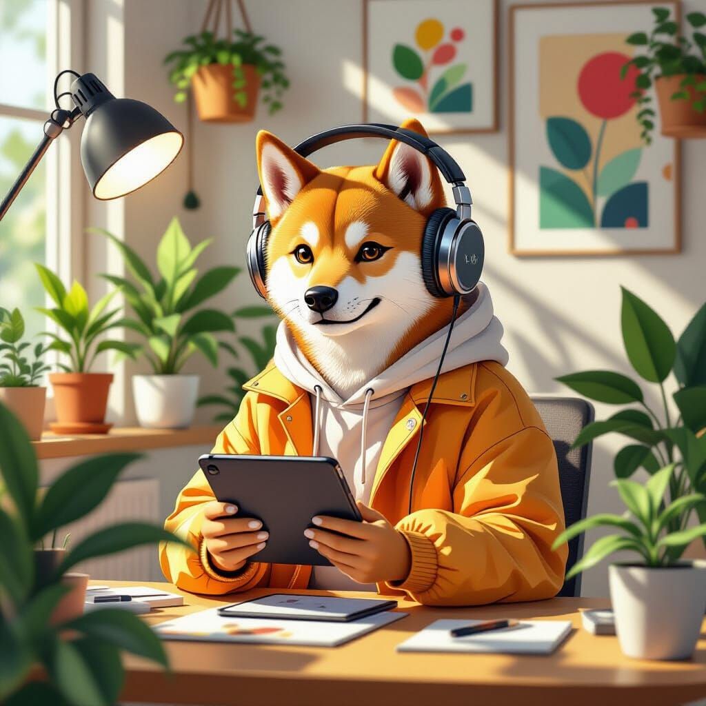Shiba Inu Digital Artist in a Modern Studio