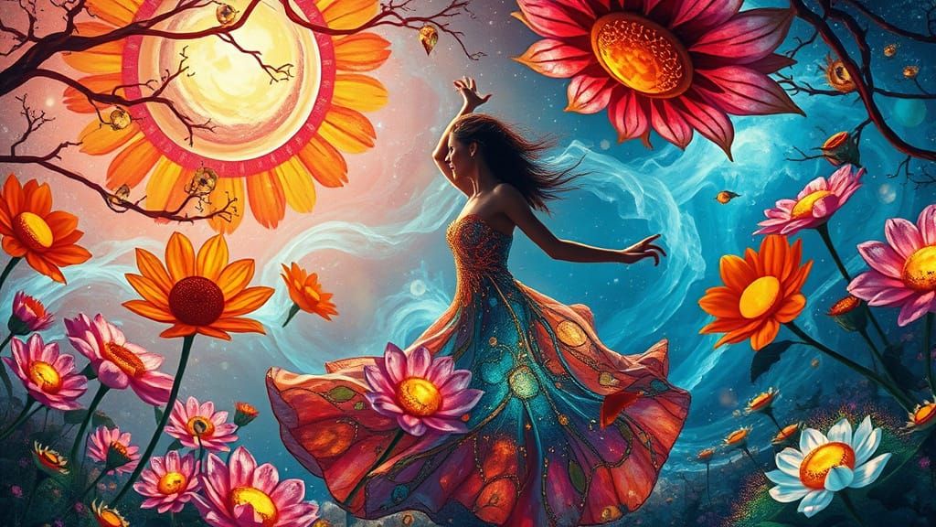 Surreal Woman Dancing Among Bioluminescent Flowers