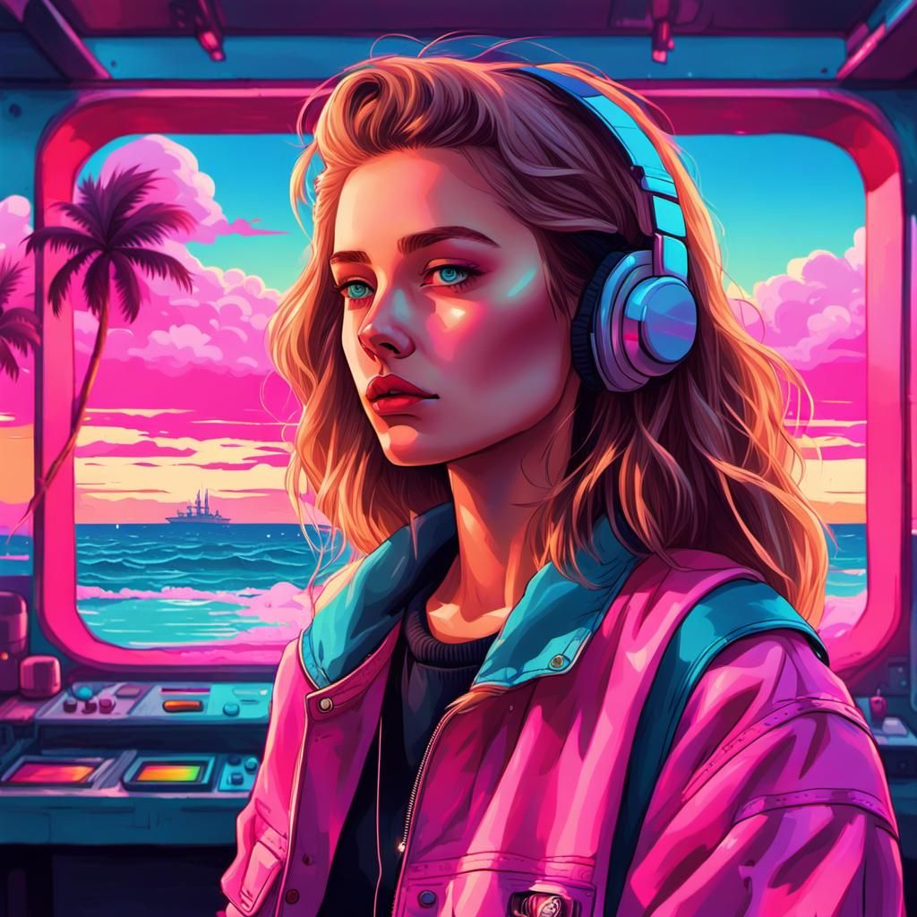Synthwave Woman with Wolf Haircut on Promenade