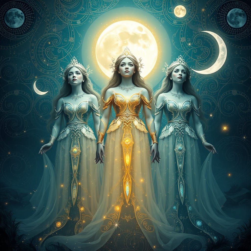 Moon Goddesses in a Lush Celestial Landscape