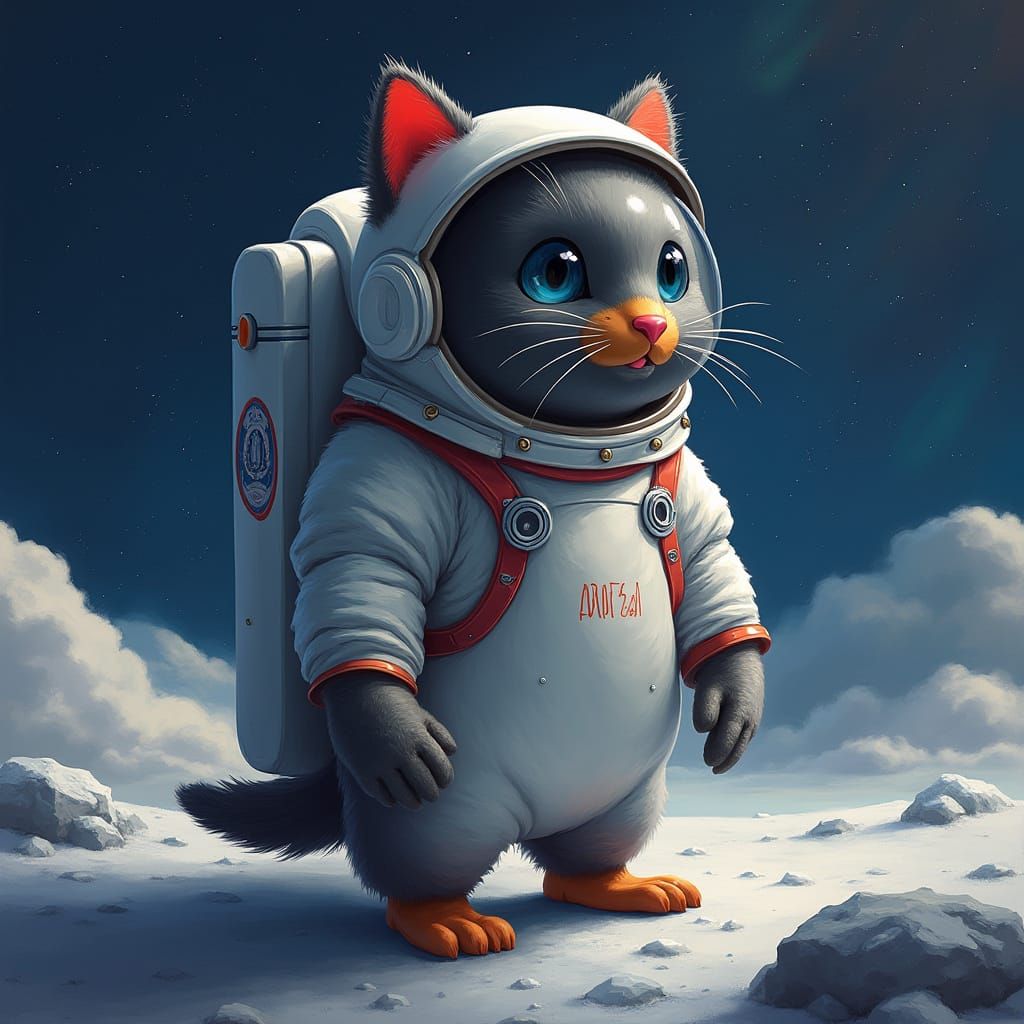 Cosmic Feline Encounter on Lunar Surface