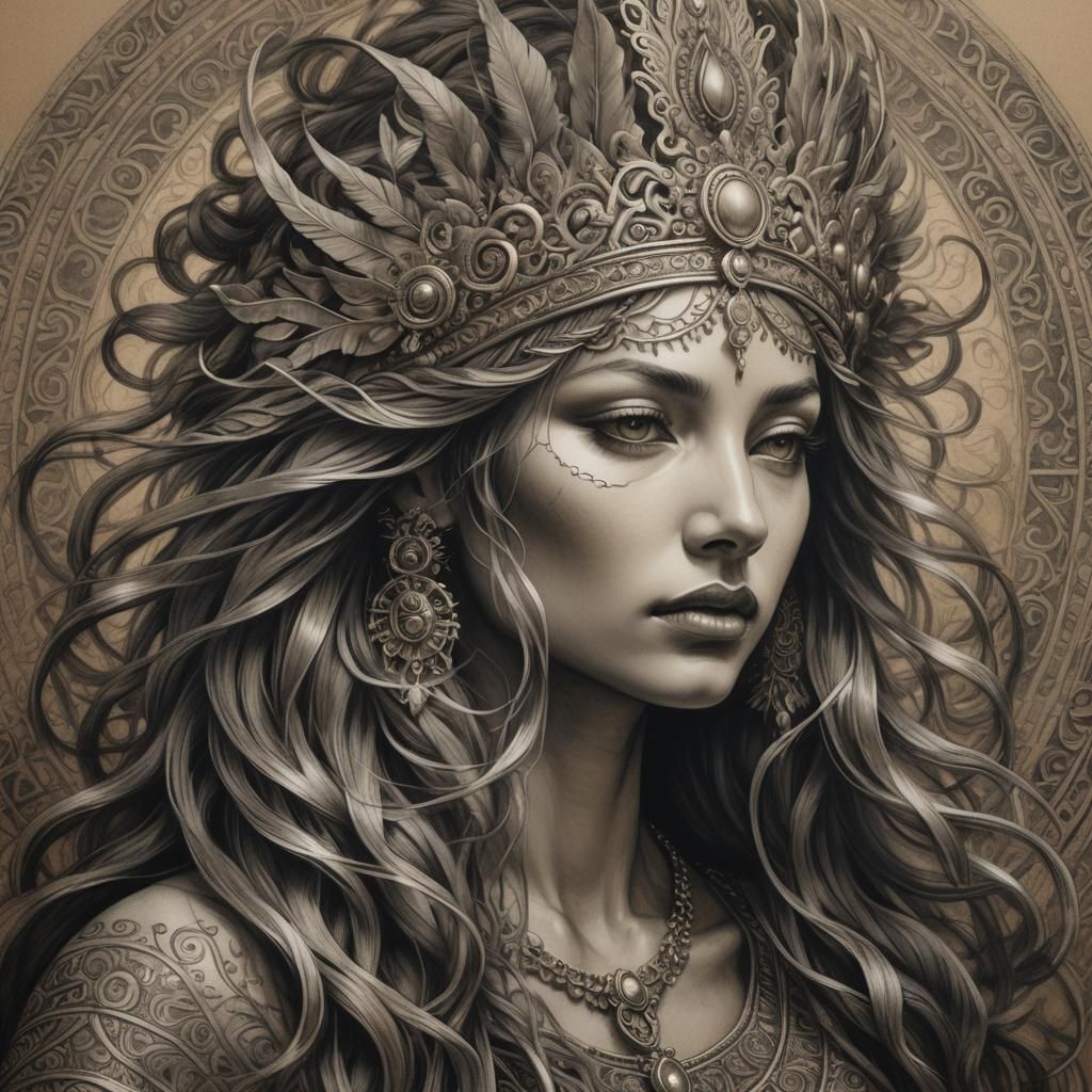Goddess Portrait in Charcoal with Flowing Hair