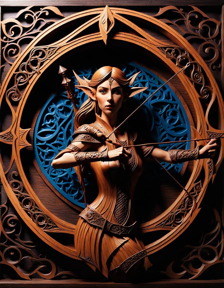 Gothic Wood Elf Archer Sculpture in Art Nouveau Style