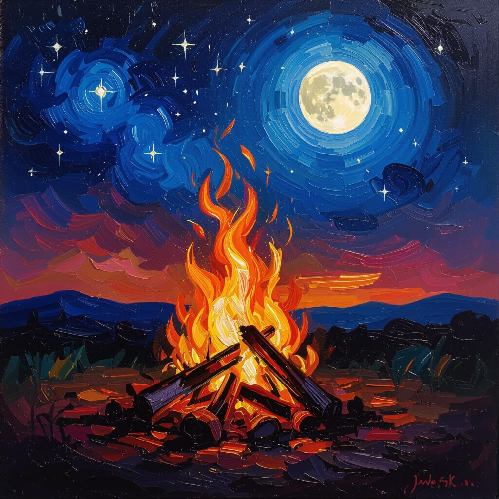 Oil Painting of Bonfire Under Starry Night Sky