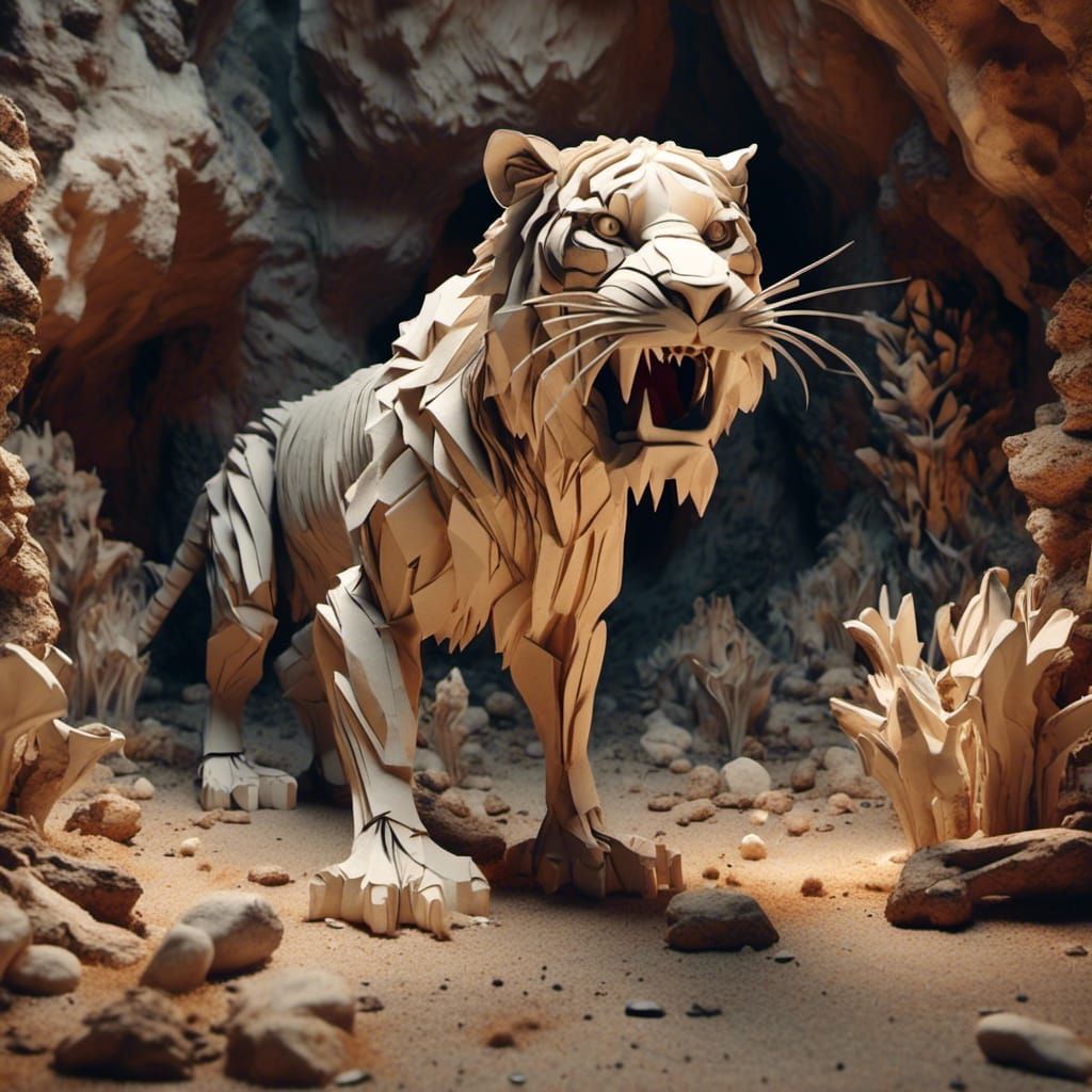 Saber-Toothed Tiger in Cave as Origami Papercraft