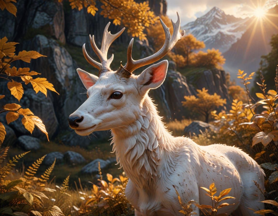 Mystical White Deer in Enchanted Mountain Valley