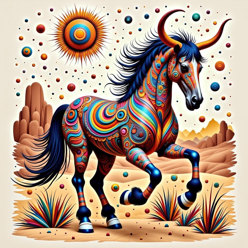 Golden Horned Horse in Fractal Zentangle Style