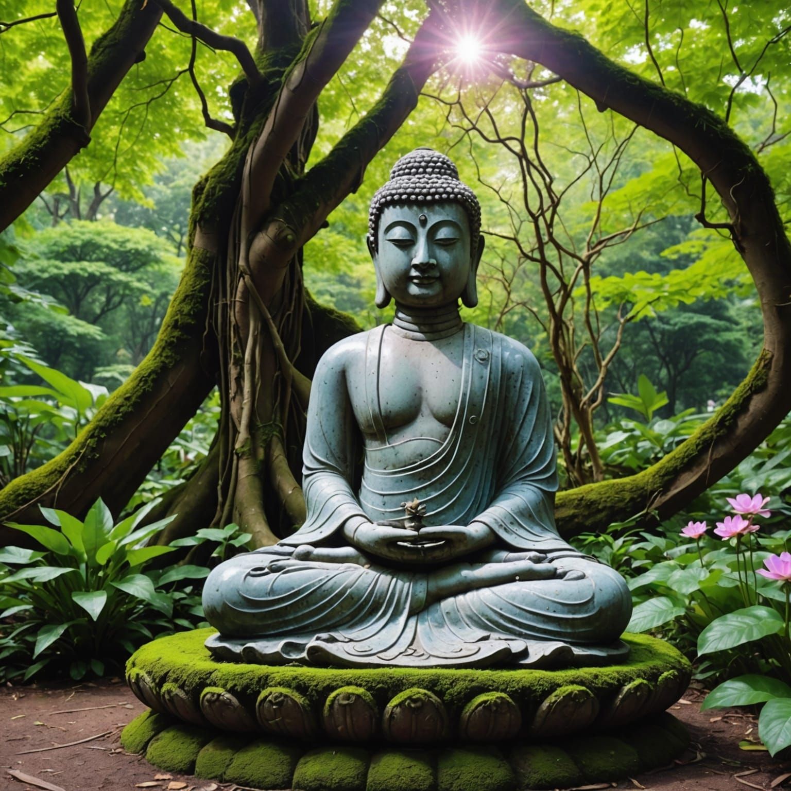 Meditating Stone Buddha in Lush Garden
