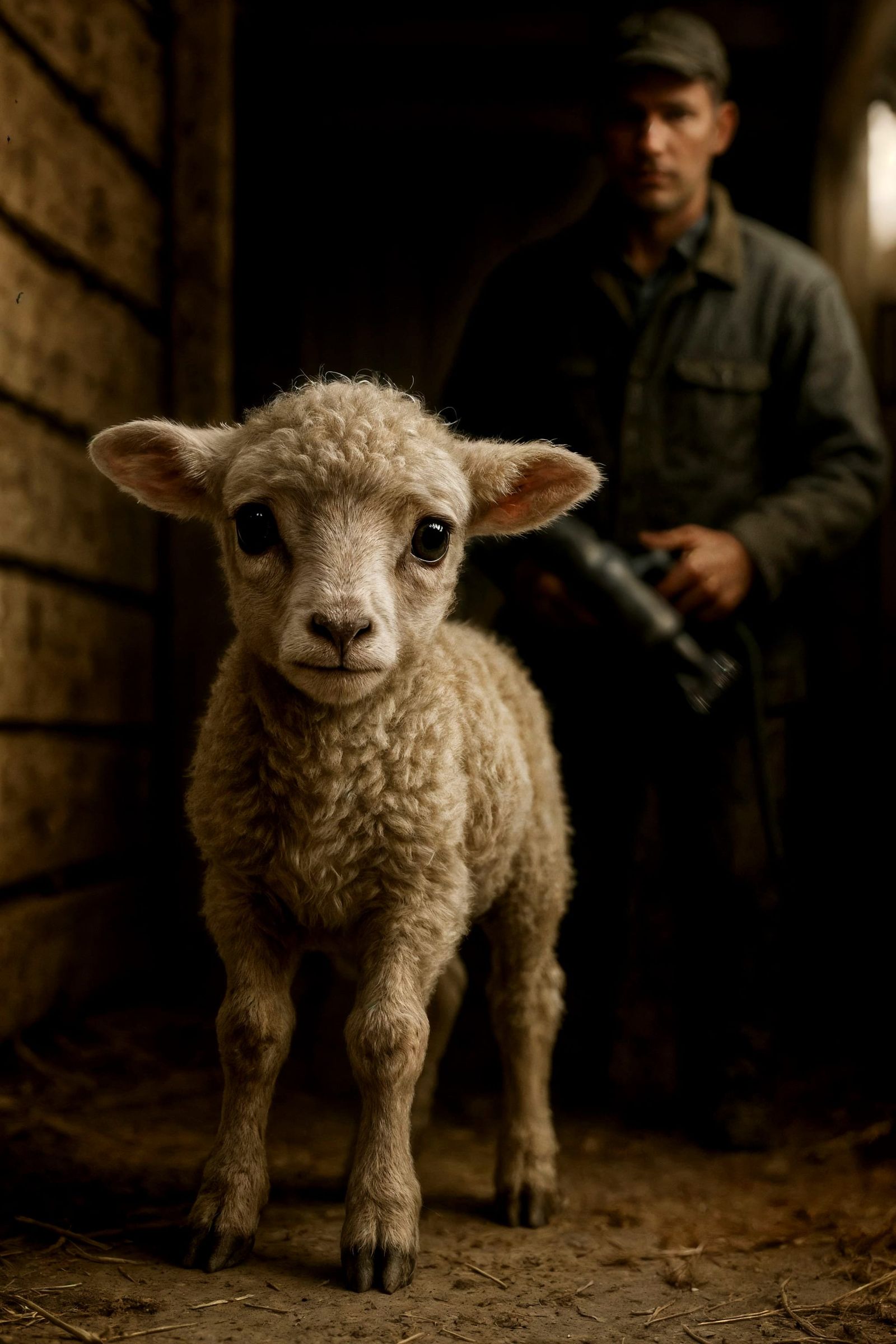 Vulnerable Lamb Awaits Shearing in Photorealistic Style