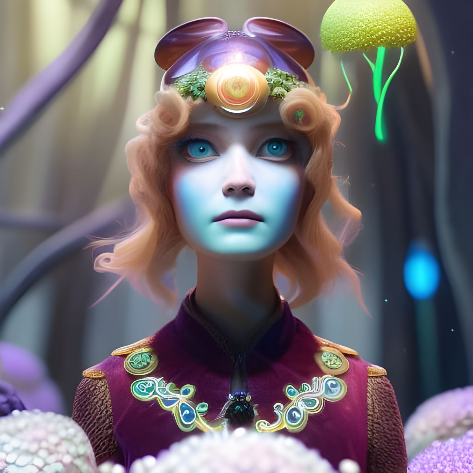 Bioluminescent Mushroom Girl Portrait in a Fantastical Style