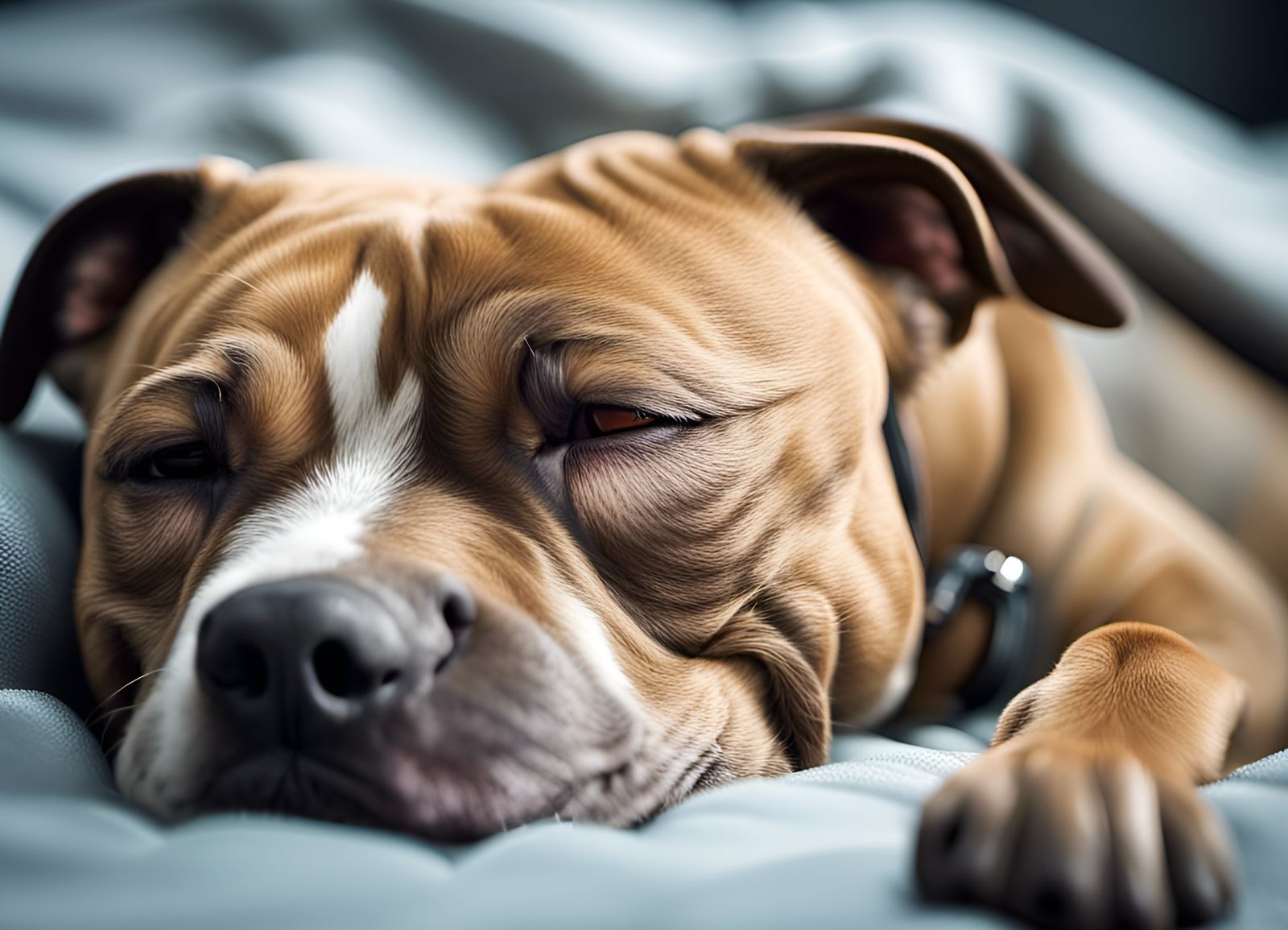 Cute Sleepy Staffy Puppy Resting in Bed
