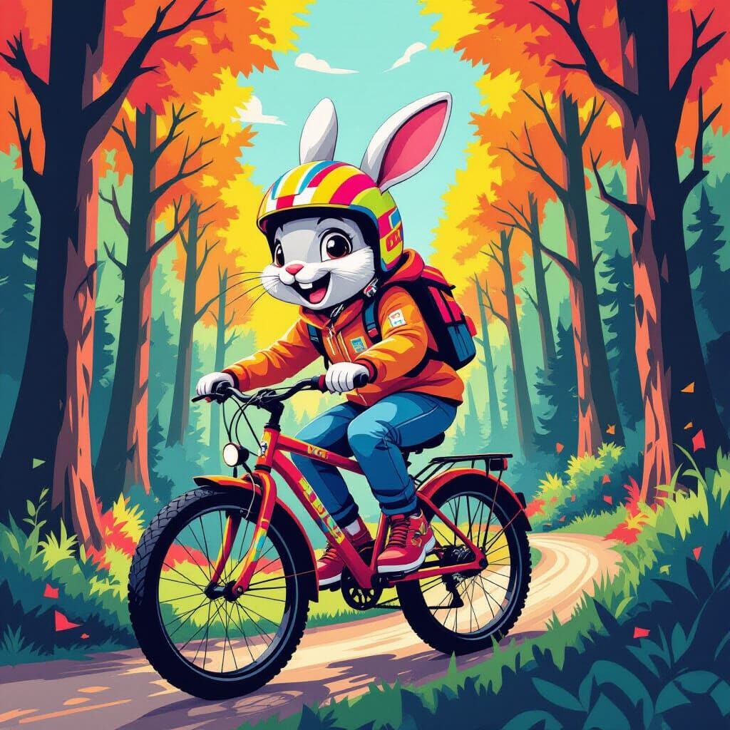 Laughing Rabbit Rides Bicycle Through Whimsical Forest