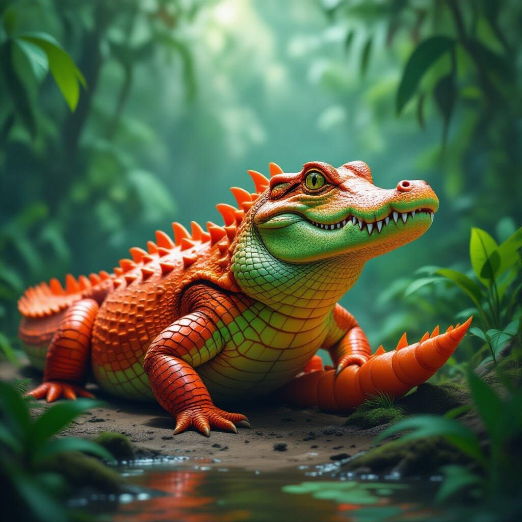 Iridescent Crocodile-Carrot Hybrid in Jungle Setting
