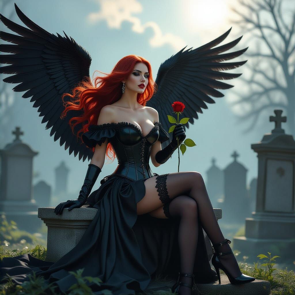 Goddess with Red Hair and Black Wings in Graveyard