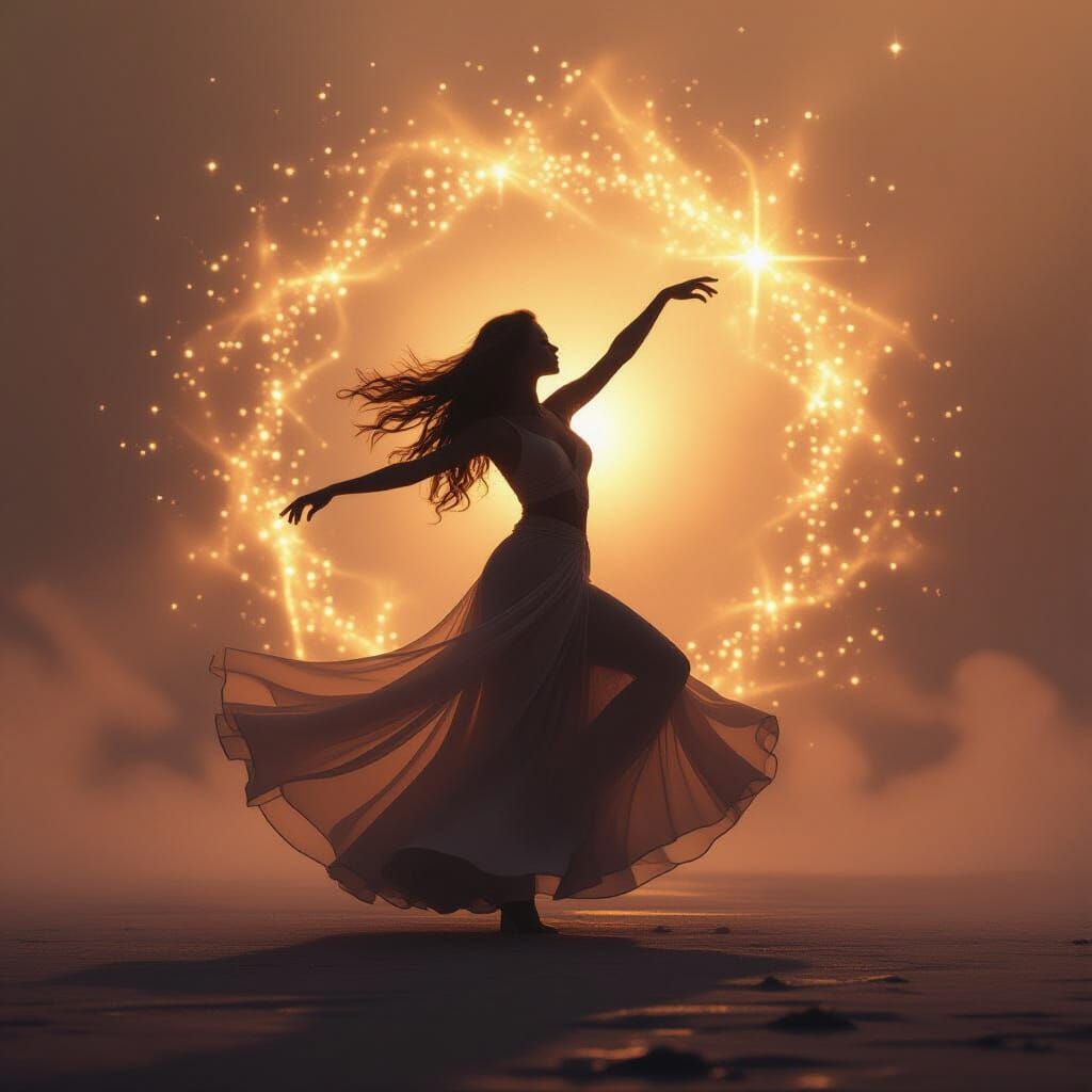 Celestial Dancer in Golden Void, Ethereal Art Style