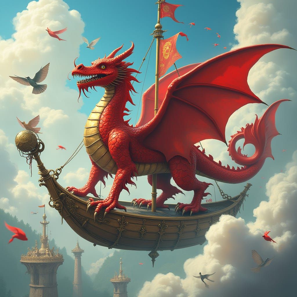 Majestic Welsh Dragon Soaring Through Whimsical Sky