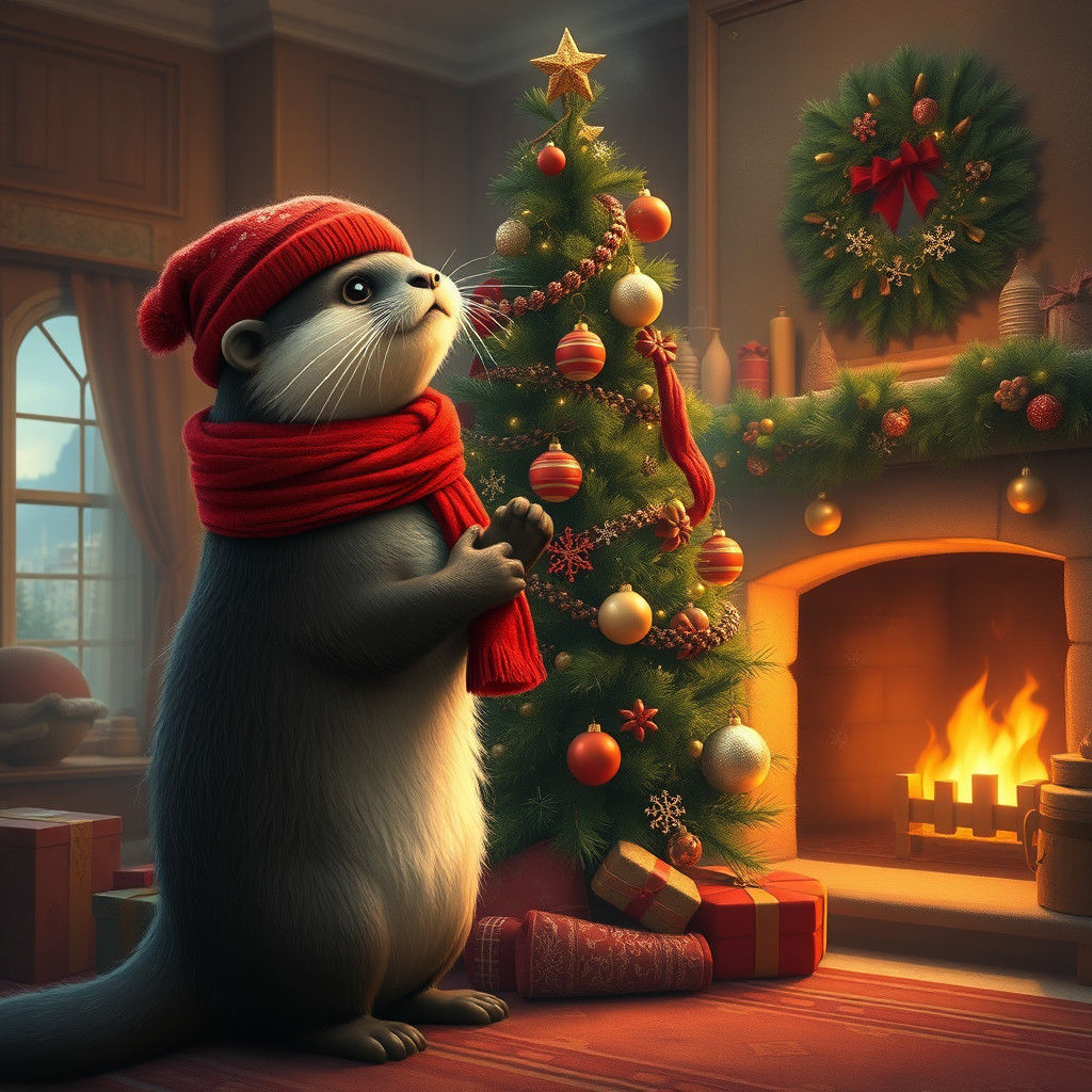 Festive Otter Decorates Christmas Tree: Digital Art