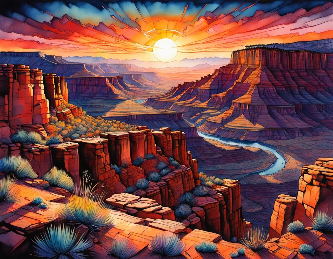 Southwest Sunset Pueblo: Watercolor Brush Pen Art