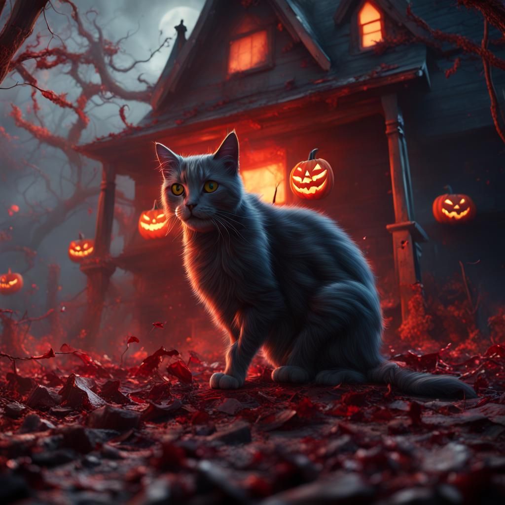 Scared Halloween Cat in Detailed Digital Painting
