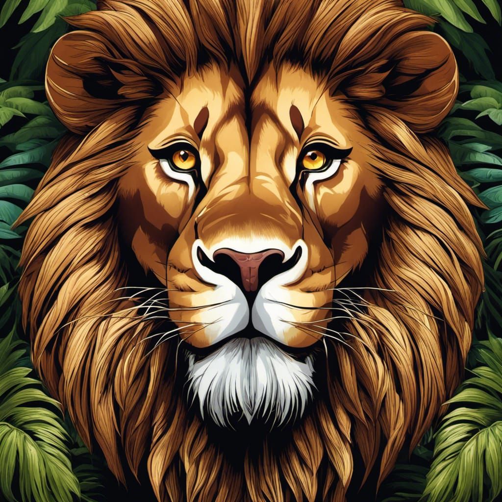 Anime Lion Portrait in Jungle Setting