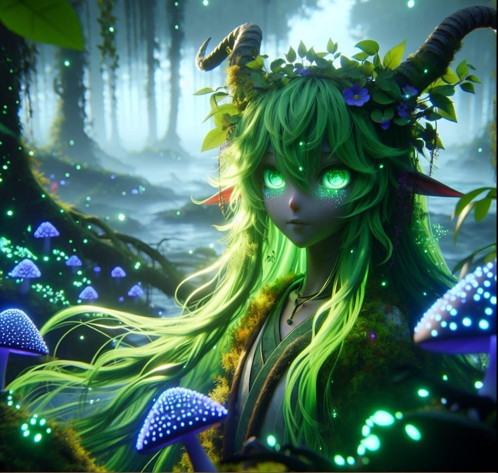 Anime Satyr in Bioluminescent Rainforest