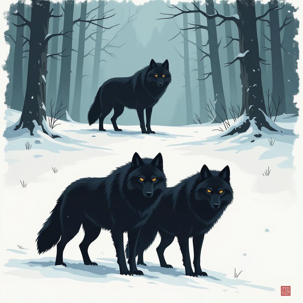 Mystical Black Wolves in Dark Forest, Ominous Atmosphere