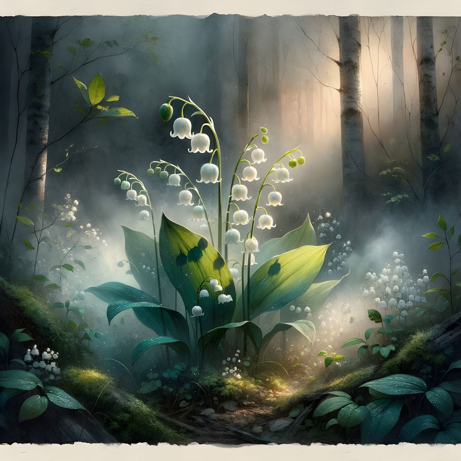 Lily of the Valley in Misty Forest, Watercolor Style
