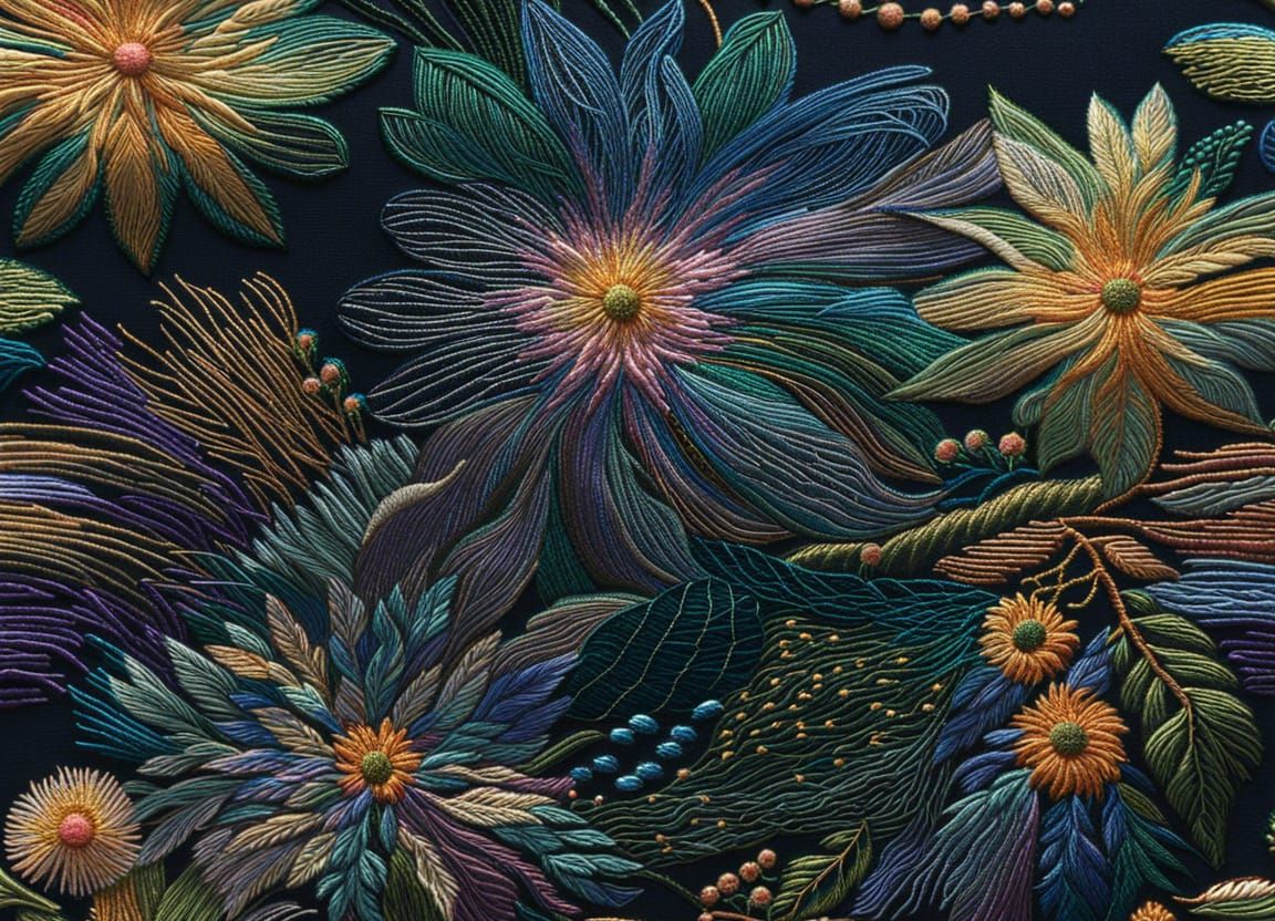 Nebula Embroidery with Iridescent Colors and Jungle Flowers