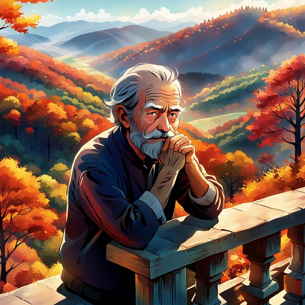 Old Man Gazing at Autumn Hills in Manga Style