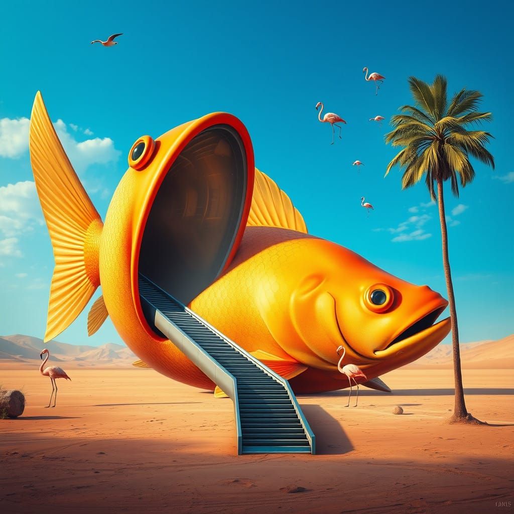 Surreal Desert Dream with Escalator Goldfish